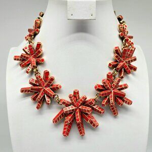 Signed Oscar de la Renta Statement Necklace Red Enamel Floral Starburst, Vintage
